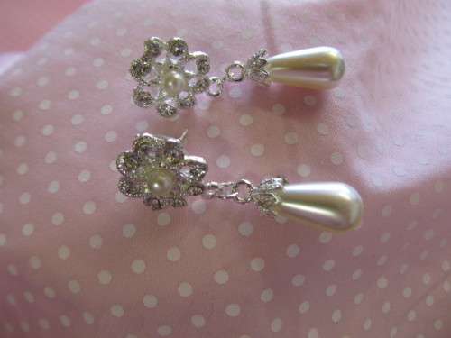 Perrine Earrings, Clear Rhinestones And Cream Faux Pearl - Flower Design, 45mm, Nickel, 2pc