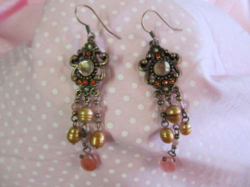 Perrine Earrings, Pink And Rust Freshwater Pearl - Chandelier Design, 86mm, Copper, 2pc