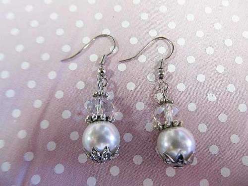 Perrine Earrings, White Glass Pearls With Clear Crystal Beads, Nickel, 40mm, 2pc