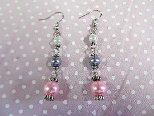 Perrine Earrings, Pink, Grey And White Glass Pearl With Nickel, 70mm, 2pc