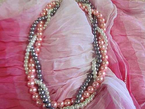 Perrine Necklace, 3 Strand Glass Pearls, Pink, Grey And White, 46cm, Toggle Clasp, 1pc