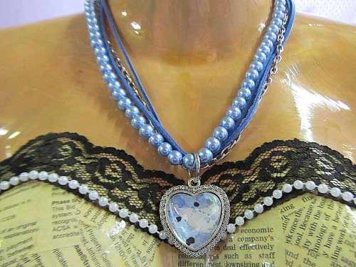 Perrine Necklace, Blue Glass Pearls With Velvet Leather Cord And Chain, 46cm, Toggle Clasp, 1pc