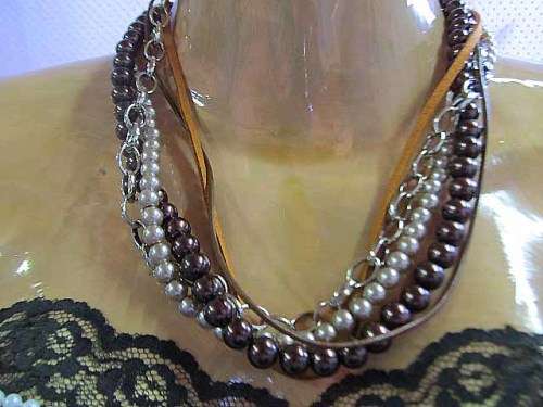 Perrine Necklace, Glass Pearls, Velvet Leather Cord, Leather And Chain, 46cm, Toggle Clasp, 1pc