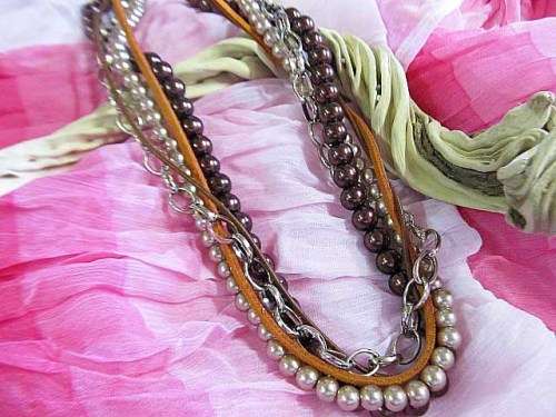 Perrine Necklace, Glass Pearls, Velvet Leather Cord, Leather And Chain, 46cm, Toggle Clasp, 1pc