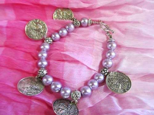Perrine Bracelet, Glass Pearls With Metal Coin Charms, Purple, Toggle Clasp, 18cm, 1pc