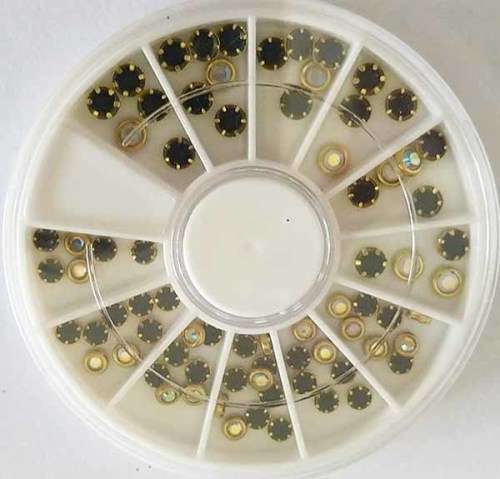 Nail Art, Rhinestone Wheel, Rhinestones With Golden Trim, Black And Clear, Mixed Sizes