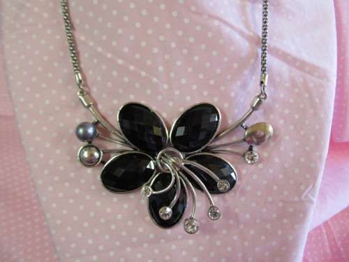 Burtell Necklace, Black With Clear Rhinestones With Grey Faux Pearl, 42cm With 6cm Extender, Nickel