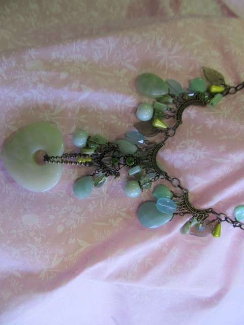 Burtell Necklace, Green Semi-Precious With Green Semi-Precious Heart, 40cm With 8cm Extender, Bronze