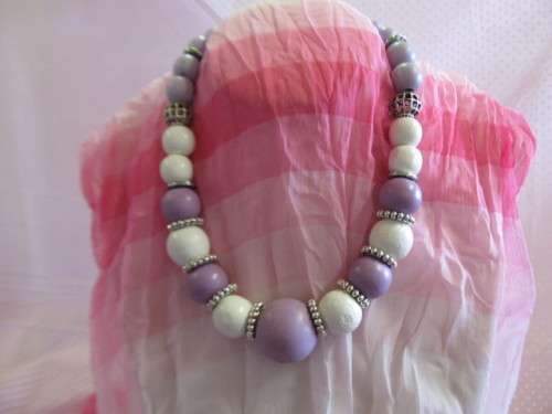 Burtell Necklace, Wooden And Nickel Beads, Purple And White, 45cm