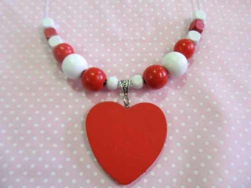 Burtell Necklace, Wooden Beads With Wooden Heart On Wire, Red And White, 45cm