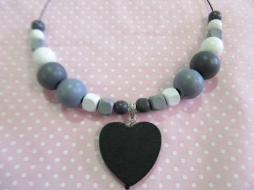 Burtell Necklace, Wooden Beads With Wooden Heart On Wire, Black, White And Grey, 45cm