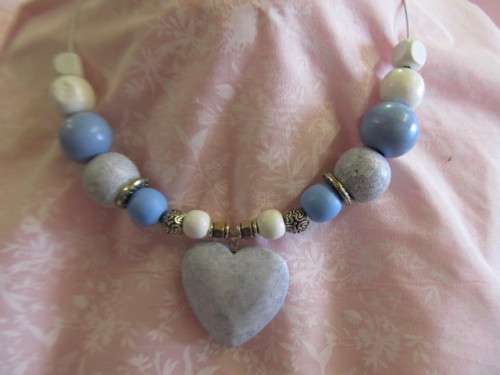 Burtell Necklace, Wooden Beads With Wooden Heart On Wire, White And Blue, 45cm