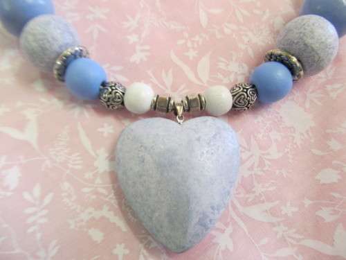 Burtell Necklace, Wooden Beads With Wooden Heart On Wire, White And Blue, 45cm
