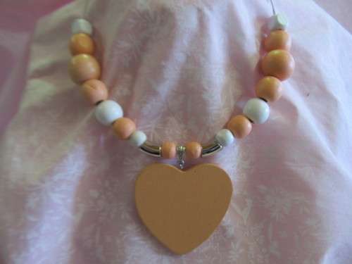 Burtell Necklace, Wooden Beads With Wooden Heart On Wire, Peach And White, 45cm