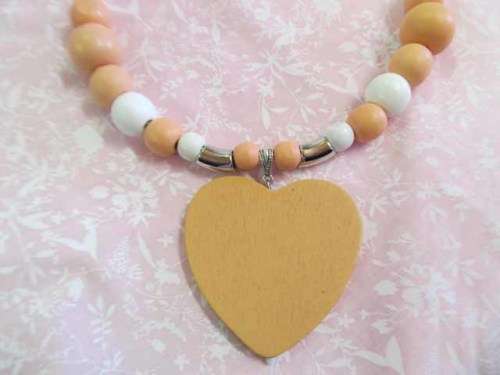Burtell Necklace, Wooden Beads With Wooden Heart On Wire, Peach And White, 45cm
