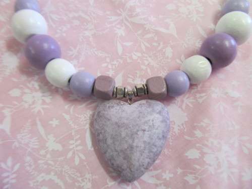 Burtell Necklace, Wooden Beads With Wooden Heart On Wire, Lilac And White, 45cm