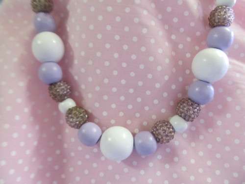 Burtell Necklace, Wooden Beads, Lilac And White, 48cm With Box Clasp, 1pc
