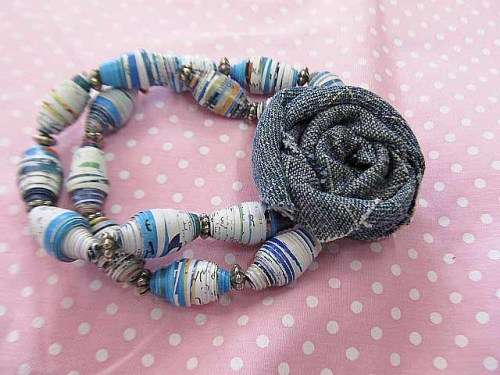Cheri Bracelet, Double Strand With Denim Flower And Handmade Beads, Shades Of Blue, On Elastic, 1pc