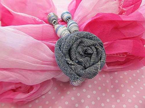 Cheri Bracelet, Double Strand With Denim Flower And Handmade Beads, Shades Of Blue, On Elastic, 1pc