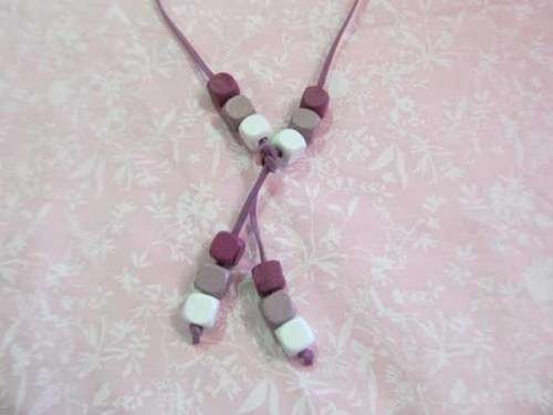 Cheri Necklace, Purple, Grey And White Wooden Beads On Velvet Cord, 74cm