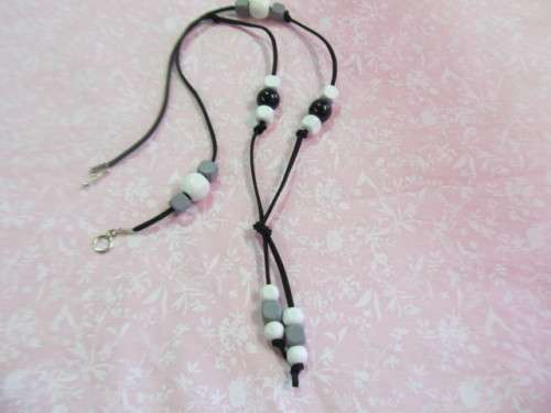 Cheri Necklace, White, Black And Grey Wooden Beads On Velvet Cord, 80cm