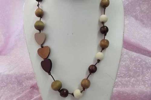 Cheri Necklace, Wooden Beads On Leather, Shades Of Brown, Lobster Clasp, 60cm, 1pc