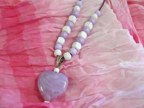 Cheri Necklace, Wooden Beads On Velvet Leather Cord, White And Purple, Toggle Clasp, 46cm, 1pc