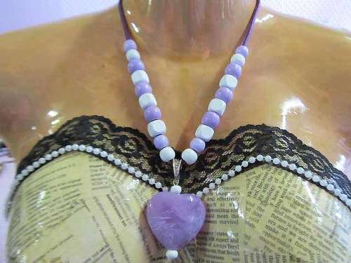 Cheri Necklace, Wooden Beads On Velvet Leather Cord, White And Purple, Toggle Clasp, 46cm, 1pc