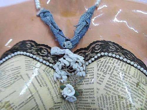 Cheri Necklace, Glass Pearls And Denim Material + Tree Of Life, White And Blue, Lobster Clasp, 46cm