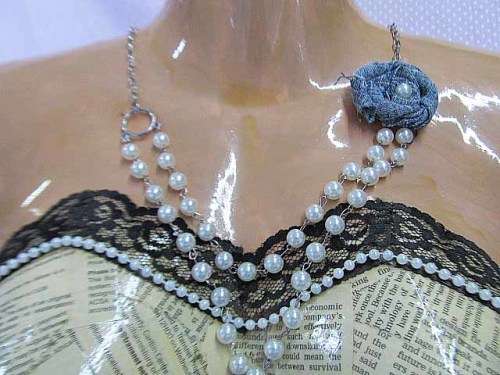 Cheri Necklace, Acrylic Beads With Handmade Flower, White And Blue, Lobster Clasp, 54cm