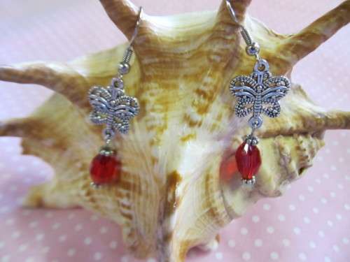 Cristia Earrings,  Nickel Butterfly With Red Crystal Beads, 50mm, 1 Pair