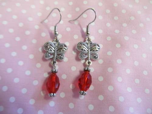 Cristia Earrings,  Nickel Butterfly With Red Crystal Beads, 50mm, 1 Pair