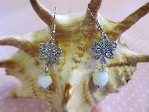 Cristia Earrings,  Nickel Butterfly With White Crystal Beads, 50mm, 1 Pair
