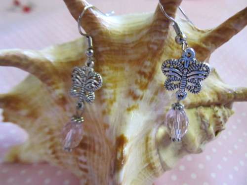 Cristia Earrings,  Nickel Butterfly With Pink Crystal Beads, 50mm, 1 Pair