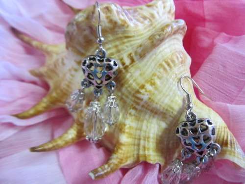 Cristia Earrings,  Nickel Heart With Clear Crystal Beads, 55mm, 1 Pair