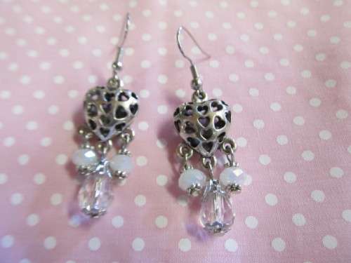 Cristia Earrings,  Nickel Heart With White And Clear Crystal Beads, 55mm, 1 Pair