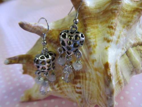 Cristia Earrings,  Nickel Heart With White And Clear Crystal Beads, 55mm, 1 Pair