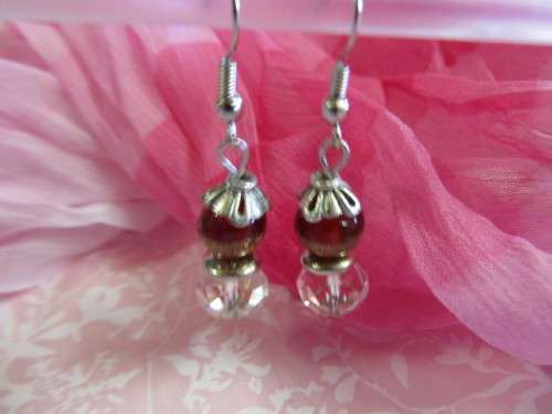 Cristia Earrings,  Nickel With Clear And Red Crystal Beads, 45mm, 1 Pair