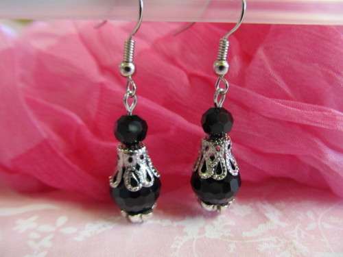 Cristia Earrings,  Nickel With Black Crystal Beads, 45mm, 1 Pair