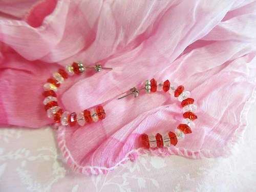 Cristia Earrings,  Hoop Earrings, Clear And Red Crystal Beads, 30mm, 1 Pair