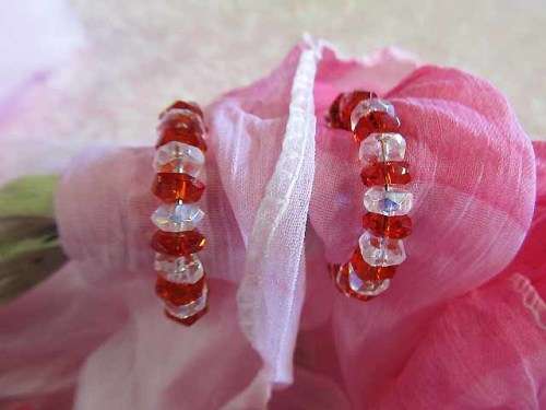 Cristia Earrings,  Hoop Earrings, Clear And Red Crystal Beads, 30mm, 1 Pair
