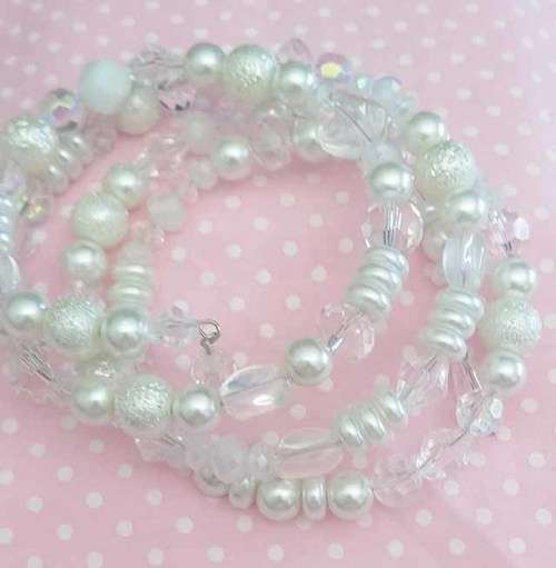 Perrine Bracelets, White Glass Pearls, White And Clear Crystal Beads On Memory Wire, 4 Bands, 70mm