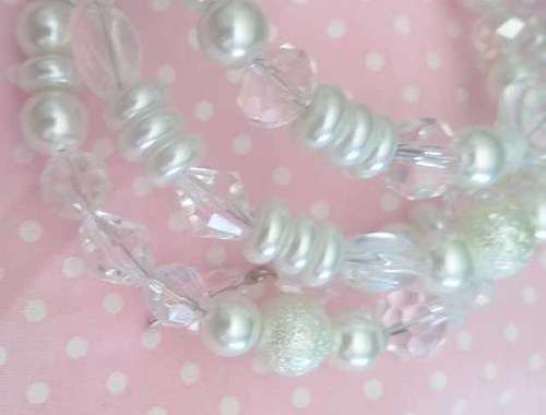 Perrine Bracelets, White Glass Pearls, White And Clear Crystal Beads On Memory Wire, 4 Bands, 70mm