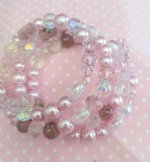 Perrine Bracelets, Pink Glass Pearls, Glass Beads And Crystal Beads On Memory Wire, 4 Bands, 70mm
