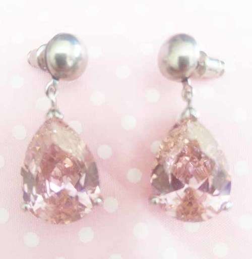 Riza Earrings, Pink Rhinestones, Nickel Studs, 32mm, 1 Pair