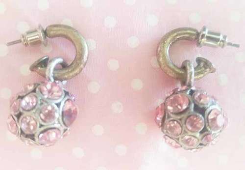 Riza Earrings, Hoops With Pink Rhinestone Ball, Antique Nickel, Pretty Woman Design, 27mm, 1 Pair