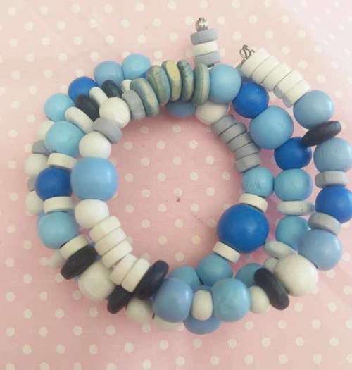 Cheri Bracelet,  White Blue And Grey Wooden Beads On Memory Wire, 3 Strands, Diameter 6.5cm, 1pc