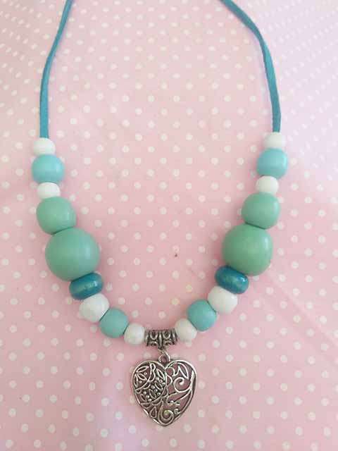 Cheri Necklace,  Green And White Wooden Beads With Nickel Heart Pendant On Velvet Leather Cord, 1pc