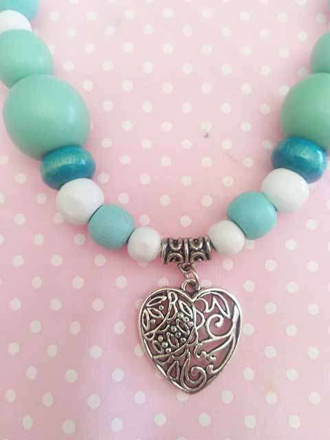 Cheri Necklace,  Green And White Wooden Beads With Nickel Heart Pendant On Velvet Leather Cord, 1pc