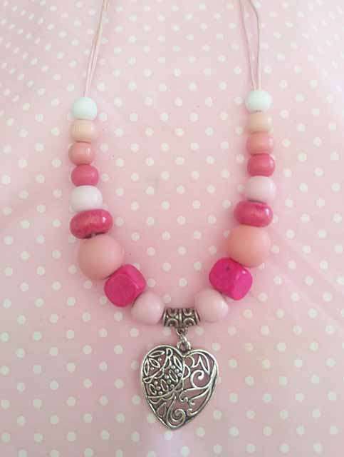 Cheri Necklace,  Pink And White Wooden Beads With Nickel Heart Pendant On Wax Cord, 1pc